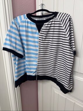Striped Half-and-Half Short Sleeve Top — Blue & Black/White